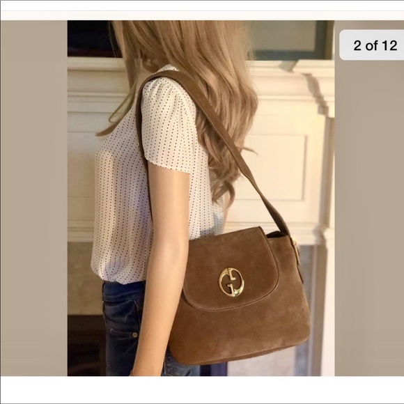 GUCCI Vintage 1970’s GG Tan Suede Leather Handbag - Picture 2 of 12